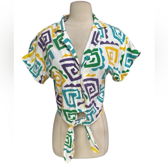 RARE 1980s Christian Dior‎ Swirl Print, Button Down & Tie Crop Top - Picture 1 of 7